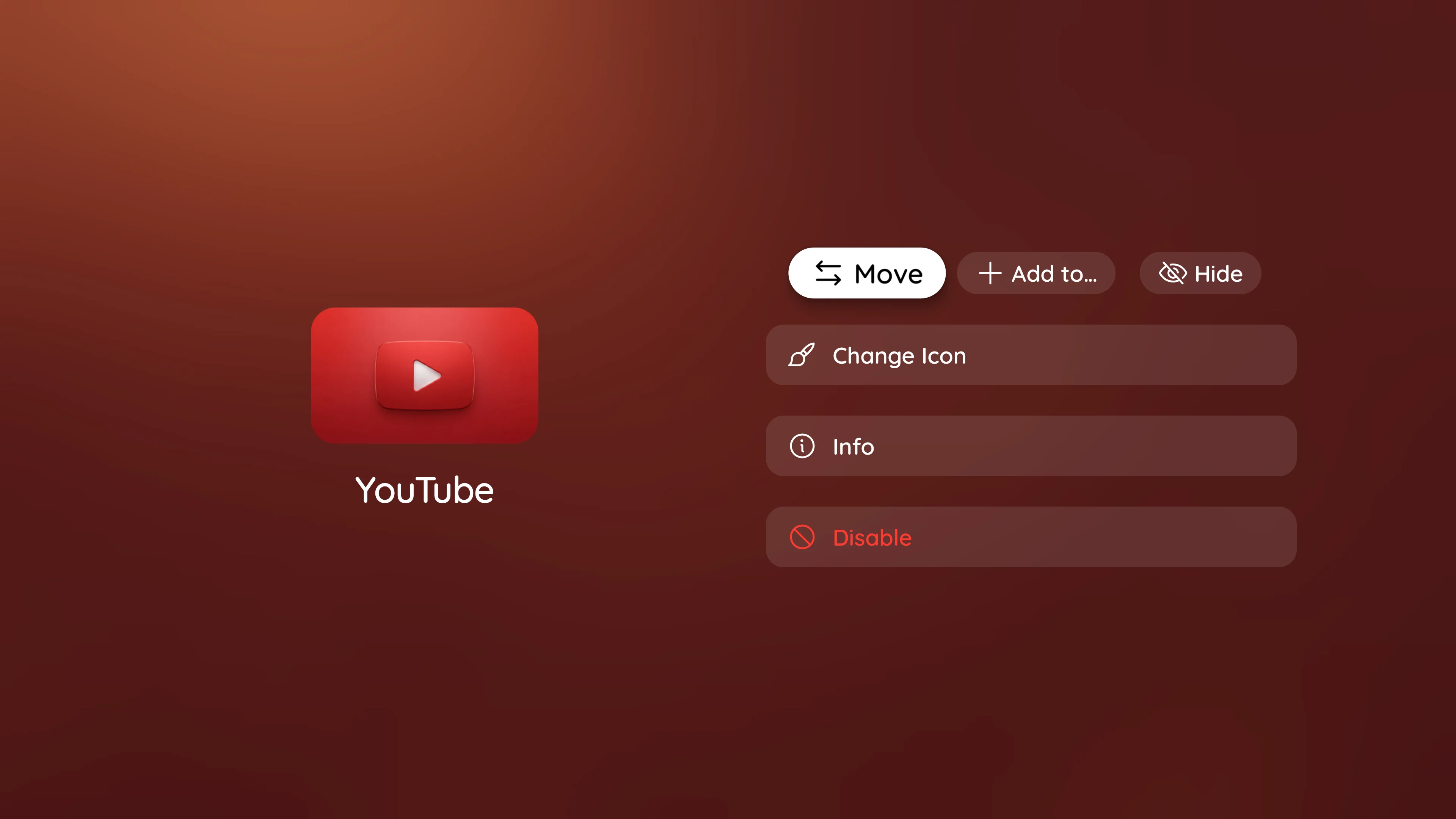 ChillHub app context menu with move, hide, and change icon options